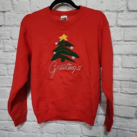 Vintage Embroidered Christmas Sweatshirt Womens Size S Red Heavy Fruit Loom‎ - Picture 1 of 6